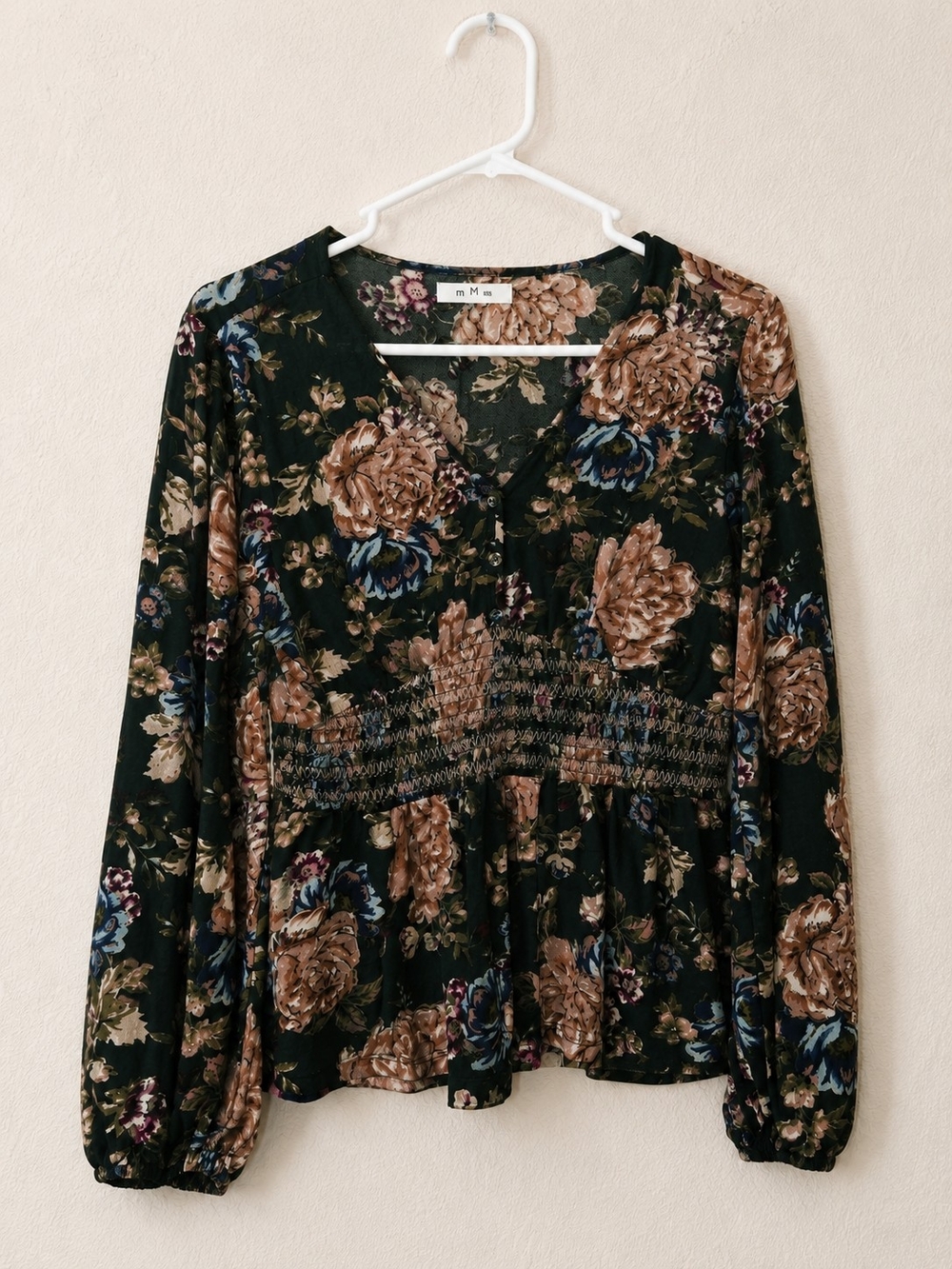 Maurices Black Floral V-Neck Smocked Waist Blouse